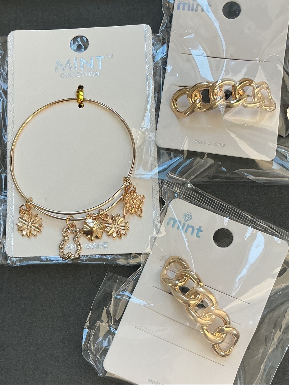 Gold Charm Bangle Bracelet - with 2 hair ties